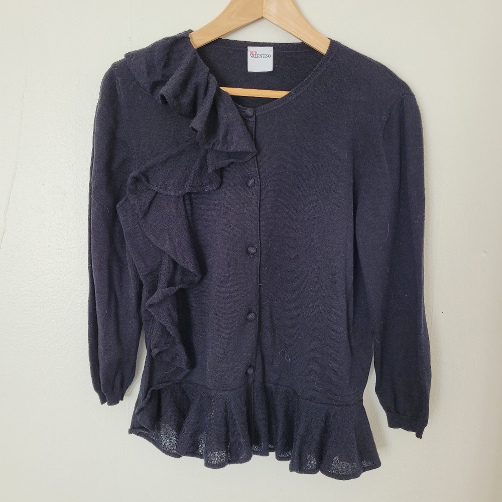 Red Valentino Ruffle Cardian Sweater Wool Cotton Black Size Large